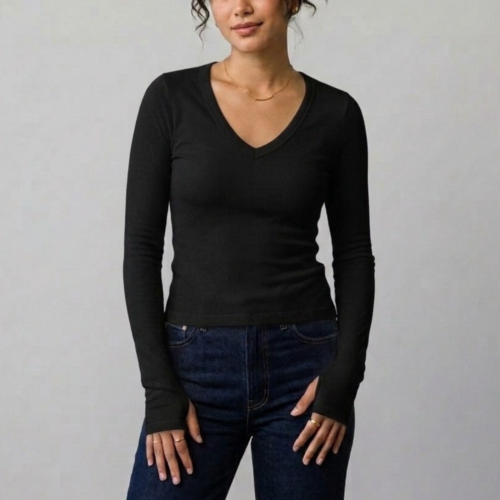 ENZA COSTA Cashmere New Classic V Neck Top Women Small Black Long Sleeve Jersey